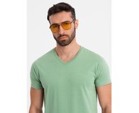 Pánské klasické bavlněné tričko BASIC s výstřihem do V – kaštanová V10 OM-TSBS-0145 Zelená, S