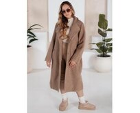 Dlouhý dámský kabát typu baranek béžový Hnědá, XL