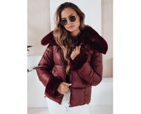 Dámská prošívaná krátká bunda s kožešinou, vínová Kaštanová, L