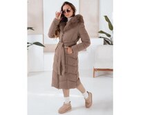 Dámská zimní bunda dlouhá prošívaná s kožešinou tmavě béžová Béžová, XXL