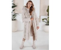 Dámská zimní bunda dlouhá prošívaná s kožešinou ecru Ecru, XL