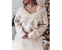 Dámský svetr RIBBLOOM s mašlemi tmavě béžový Béžová, Univerzální
