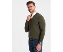 Pánský svetr s výstřihem do V V5 OM-SWSW-0102 tmavě olivový Olivová, S