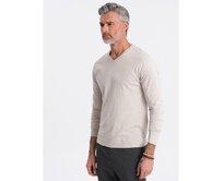 Pánské tričko s dlouhým rukávem bez potisku s výstřihem do V světle béžový Béžová, S