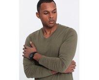 Pánské tričko s dlouhým rukávem bez potisku s výstřihem do V tmavě olivový Olivová, S