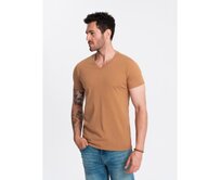 Pánské klasické bavlněné tričko BASIC s výstřihem do V hnědé Hnědá, S