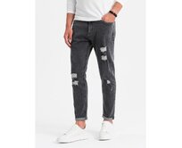 Pratelné pánské džínové kalhoty TAPER FIT s odřenými nohavicemi - grafitové Tmavě šedá, S