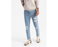 Pratelné pánské džínové kalhoty TAPER FIT s otěrem - modré Světle modrá, S