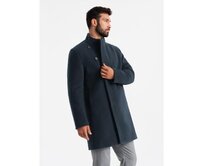 Pánský kabát s asymetrickým zapínáním a vysokým límcem - tmavě modrý Námořnická modrá, S