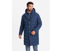 Pánská dlouhá prošívaná bunda s klopami a podšívkou - tmavě modrá V1 Modrá, S