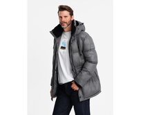 Pánská dlouhá péřová bunda s kapsami na patentky - grafitová V1 Tmavě šedá, M