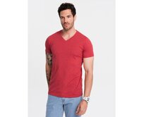 BASIC pánské klasické bavlněné tričko s výstřihem - červený melír V17 Červená, S