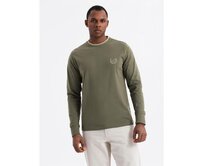 Pánské bavlněné tričko s dlouhým rukávem, výstřihem do U, pruhy a výšivkou - olivové V1 OM-LSCL-0128 Olivová, S