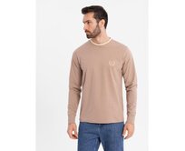 Pánské bavlněné tričko s dlouhým rukávem, pruhovaným výstřihem do U a výšivkou – hnědé V6 OM-LSCL-0128 Hnědá, S