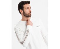 Pánské bavlněné tričko s dlouhým rukávem, výstřihem do U, lemováním a potiskem na hrudi – smetanové V3 OM-LSCL-0127 Bílá, S