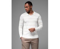 Pánské polo tričko s dlouhým rukávem a vodorovnými pruhy s viskózou - bílé a béžové V4 OM-POLS-0146 Bílá, S