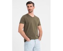 Pánské klasické bavlněné tričko BASIC s výstřihem do V - tmavě olivové V6 OM-TSBS-0237 Olivová, S