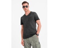 Pánské bavlněné tričko s výstřihem do V a efektem praní - černé V6 OM-TSWT-0242 Černá, S
