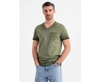 Pánské bavlněné tričko s výstřihem do V a efektem praní – olivové V9 OM-TSWT-0242 Olivová, S