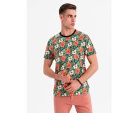 Pánské bavlněné tričko s celoplošným potiskem a květinovým vzorem - černé V2 OM-TSFP-0249 Černá, S