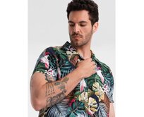 Pánská vzorovaná viskózová košile s krátkým rukávem V10 OM-SHPS-0113 džungle Námořnická modrá, M