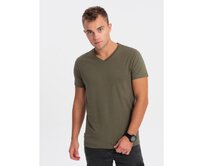 Pánské klasické bavlněné tričko s výstřihem BASIC tmavě olivové Olivová, S