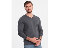 Pánské tričko s dlouhým rukávem bez potisku s výstřihem do V grafitový Tmavě šedá, S