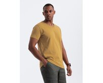 Pánské bavlněné klasické tričko s výstřihem do V BASIC hořčicové Horčicová, S