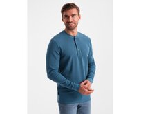 Pánský dlouhý rukáv z vaflového úpletu zapínaný u krku modrý denim Modrá, S