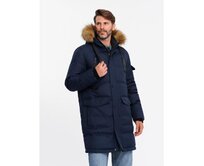 Pánská dlouhá zateplená bunda parka s kapucí - tmavě modrá V1 Námořnická modrá, S