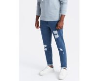 Pánské pratelné džínové kalhoty TAPER FIT s odřením - modré Modrá, M