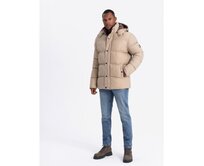 Pánská péřová bunda s kostkovanou podšívkou - béžová barva Béžová, S