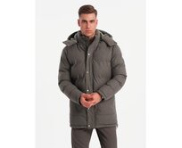 Pánská dlouhá teplá bunda parka s vlnou - tmavě šedá melanž V4 Olivová, L