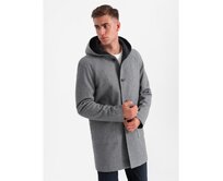 Melanžový dlouhý pánský kabát s kapucí - béžový V2 Béžová, L