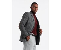 Elegantní pánská marynarka w kratkę z wełną - szara V1 OM-BLZB-0137 Šedá, S