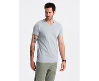 BASIC pánské klasické bavlněné tričko s výstřihem - šedý melír V16 Šedá, S