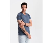 BASIC pánské klasické bavlněné tričko se serpentinovým výstřihem - modrý melír V18 Modrá, S