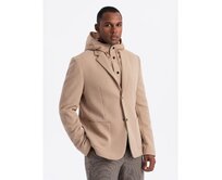 Pánské sako s vysokým límcem a kapucí - světle hnědé V1 OM-BLZB-0133 Hnědá, S