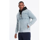 Pánská džínová bunda katana s nákladovými kapsami a kapucí - modrá V3 C558 Šedá, S