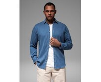 Pánská džínová košile s lyocellem a výšivkou na hrudi – modrá V2 OM-SHDS-0180 Modrá, S