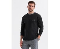 Pánské bavlněné tričko s dlouhým rukávem, pruhovaným výstřihem do U a výšivkou – černé V4 OM-LSCL-0128 Černá, S