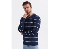 Pánské polo tričko s dlouhým rukávem, vodorovnými pruhy a viskózou – tmavě modré a bílé V1 OM-POLS-0146 Bílá, S