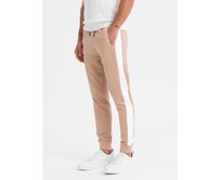 Pánské tepláky s žebrovanými manžetami a ozdobným zipem - pískové V6 OM-PASK-0226 Béžová, S