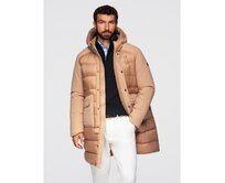 Dlouhá prošívaná pánská bunda s kapucí – šedá V2 OM-JALJ-0264 Béžová, S