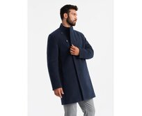 Pánský kabát s asymetrickým zapínáním a vysokým límcem – tmavě modrý V3 OM-COWC-0141 Námořnická modrá, S