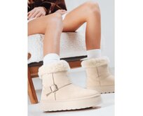 Dámské semišové sněhule s kožíškem béžové Béžová, 36