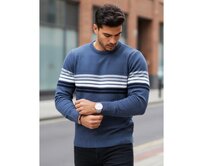 Pánský svetr s pruhy, modrý Modrá, XXL