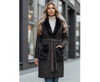 Dámský kabát s kožešinou v hnědé barvě Černá, S/M