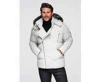 Pánská prošívaná bunda s ramenovým střihem a kapucí – světle šedá V4 OM-JAHP-0252 Šedá, S