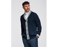 Pánský svetr s šálovým límcem v preppy stylu – tmavě modrý V4 OM-SWCD-0152 Námořnická modrá, S